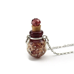 Coconut Brown Luminous Round Lampwork Perfume Bottle Necklaces, with Titanium Steel Chains, Coconut Brown, 23.62 inch(60cm), Pendant: 18mm, Capacity: 0.5ml(0.02fl. oz)