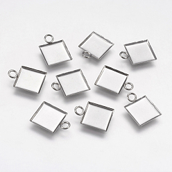 Stainless Steel Color 304 Stainless Steel Pendant Cabochon Settings, Plain Edge Bezel Cups, Square, Stainless Steel Color, Tray: 10x10mm, 15x11x1.5mm, Hole: 2.5mm