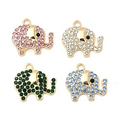 Mixed Color Alloy Rhinestone Pendants, Golden Tone Elephant Charms, Mixed Color, 17x18.5x3mm, Hole: 2mm