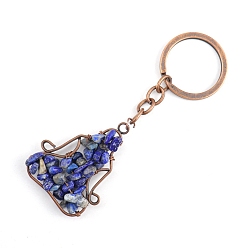 Lapis Lazuli Copper Wire Wrapped Natural Lapis Lazuli Chips Yoga Pendant Keychains, for Car Key Backpack Pendant Accessories, 10x4.5cm