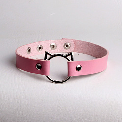 Pink Cute Cat Head PU Leather Collar for Punk Fashion Street Style with Lock and Clavicle Chain Jewelry