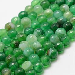 Green Faceted Natural Striped Agate/Banded Agate Beads Strands, Round, Dyed & Heated, Green, 4mm, Hole: 0.8mm, about 86pcs/strand, 14 inch(35.6cm)