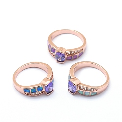 Rose Gold Cubic Zirconia Finger Rings, with Synthetic Opal and Brass Findings, Long-Lasting Plated, Oval, Size 7, Mauve, Rose Gold, 17.5mm