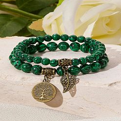 Малахит 2шт. браслеты из круглых бусин натурального малахита, браслеты с подвесками из сплава для женщин, дерево жизни и листья, античное золото , 7 дюйм (17.8 см)