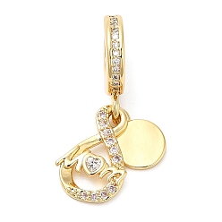 Real 18K Gold Plated Rack Plating Brass Pendants, Glass with Cubic Zirconia, Lead Free & Cadmium Free, Long-Lasting Plated, Word, Real 18K Gold Plated, 25mm, Hole: 4.5mm