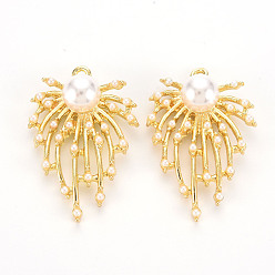 Light Gold Rack Plating Alloy Pendants, with ABS Plastic Imitation Pearl Beads, Leaf, Light Gold, 33.5x22.5x9mm, Hole: 1.8mm
