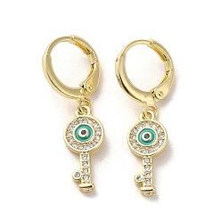 Dark Turquoise Key with Evil Eye Real 18K Gold Plated Brass Dangle Leverback Earrings, with Enamel and Cubic Zirconia, Dark Turquoise, 29.5x7mm