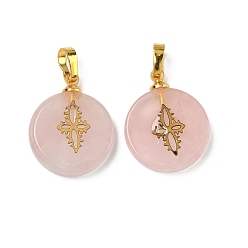 Розовый Кварц Природного розового кварца подвески, плоские круглые подвески золотистого оттенка 304 кусочки цветов из нержавеющей стали и латунные застежки-кнопки, 19~20.2x16~16.3x3.3~4.2 мм, отверстие : 6x3 мм