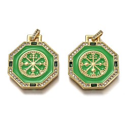 Lime Brass Micro Pave Clear Cubic Zirconia Pendants, Long-Lasting Plated, with Jump Rings & Enamel, Real 18K Gold Plated, Octagon with Flat Round, Lime, 29x25x2.4mm, Hole: 4.3x2.6mm