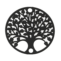 Black Spray Painted 430 Stainless Steel Connector Charms, Flat Round with Tree of Life Link, Black, 20x0.5mm, Hole: 1.8mm