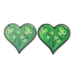Green Saint Patrick's Day Single Face Printed Wood Pendants, Heart Charms with Clover, Green, 47x49.5x2.5mm, Hole: 2mm