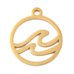 Другие Ионное покрытие (ip) 304 подвески из нержавеющей стали, лазерная резка, золотые, плоский круглый шарм, волна, 25x21.5x1 мм, отверстие : 2.5 мм