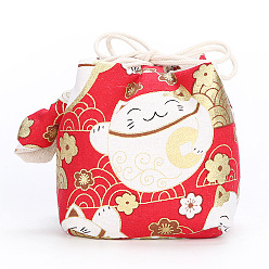 Red Chinese Style Printed Cotton Packing Pouches Drawstring Bags, Square, Red, 10x11cm