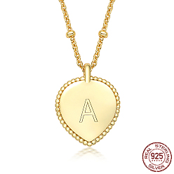 Letter A 925 Sterling Silver Satellite Chains Pendant Necklaces, Heart, Golden, Letter A, 15.75 inch(40cm)