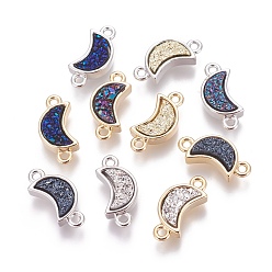 Mixed Color Brass Links connectors, with Druzy Resin, Moon, Mixed Color, 18.5x8.5x4~5.5mm, Hole: 1.6mm