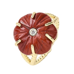 Красный Камень Кольца-манжеты из натуральной красной яшмы с цветком, с прозрачным кубическим цирконием и латунными кольцами, золотые, стойки покрытие, Цветок: 17x16.5 мм, внутренний диаметр: 17 мм