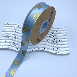 Light Sky Blue 48 Yards Thanksgiving Day Polyester Satin Ribbons, Gold Stamping Maple Leaf, Light Sky Blue, 1 inch(25mm), about 48.00 Yards(43.89m)/Roll