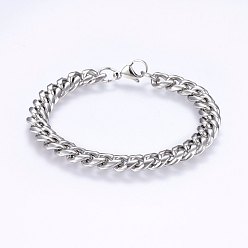 Stainless Steel Color 201 Stainless Steel Curb Chain Bracelets, Stainless Steel Color, 8-1/4 inch(21cm), 9x11x4mm