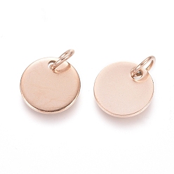 Rose Gold Ion Plating(IP) 304 Stainless Steel Charms, Stamping Blank Tag, with Jump Rings, Flat Round, Rose Gold, 10x1mm, Hole: 3.5mm