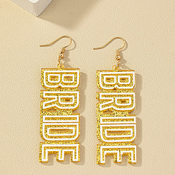 Gold Sparkling Acrylic Word Bride Dangle Earrings with Alloy Pins for Women, Gold, 80x22mm