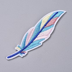 Blue Computerized Embroidery Cloth Iron on/Sew on Patches, Costume Accessories, Appliques, for Backpacks, Clothes, Feather, Blue, 94x25x1.5mm
