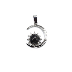 Larvikite Natural Larvikite Pendants, Antique Silver Plated Alloy Moon with Sun Charms, 28x22mm