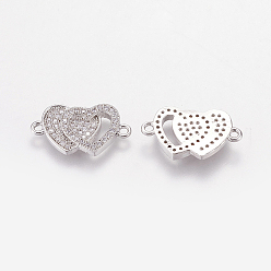 Platinum Brass Micro Pave Cubic Zirconia Links, Clear, Double Heart, Nickel Free & Lead Free & Cadmium Free, Platinum, 11x20x2.5mm, Hole: 1mm