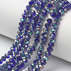 Blue Electroplate Glass Beads Strands, Half Plated, Rainbow Plated, Faceted, Rondelle, Blue, 3x2mm, Hole: 0.8mm, about 150~155pcs/strand, 15~16 inch(38~40cm)