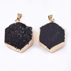 Black Electroplate Natural Druzy Agate Pendants, with Iron Findings, Dyed, Hexagon, Golden, Black, 32~36x24~27x8~15mm, Hole: 4.5x6.5mm