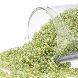 (946) Light Green Lined Topaz Toho perles de rocaille rondes, perles de rocaille japonais, (946) topaze doublée vert clair, 15/0, 1.5mm, Trou: 0.7mm, environ3000 pcs / 10 g