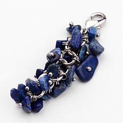 Blue Natural Chip Lapis Lazuli Pendant Decorations, with Brass Lobster Claw Clasps, Platinum, Blue, 53mm