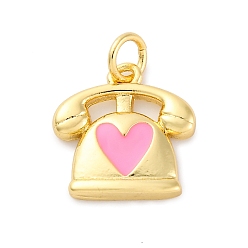 Настоящее золото 18K Латунные подвески, телефон с сердцем, с эмалью, долговечный, реальный 18 k позолоченный, 14x14 мм, отверстие : 3 мм