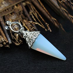 Opalite Opalite Big Pendants, Faceted Cone/Spike Pendulum Charms with Metal Snap on Bails, 60x17mm