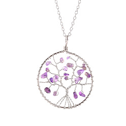 Amethyst Natural Amethyst Chips Beaded Tree of Life Pendant Necklaces, with Platinum Alloy Chains, 19.69 inch(50cm)