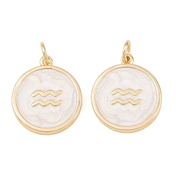 Aquarius Brass Enamel Pendants, Flat Round & Constellation Charms, Rack Plating, Long-Lasting Plated, Cadmium Free & Lead Free, Golden, Aquarius Charms, 17.5x15x2mm, Hole: 3mm
