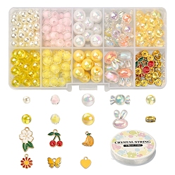 Yellow DIY Cute Stretch Bracelet Making Kit, Including Imitation Pearl & Candy Acrylic Beads, Banana & Cherry & Flower & Heart & Butterfly Alloy Enamel Pendants, Yellow