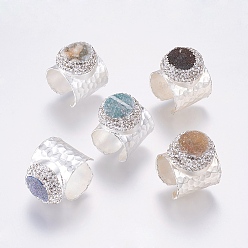 Silver Brass Rings, with Polymer Clay Grade A Rhinestone and Natural Druzy Agate, Dyed, Adjustable, Flat Round, Silver, 17~18mm