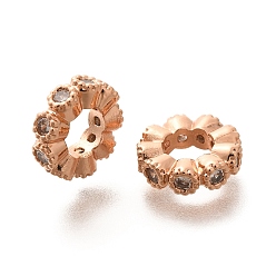 Розовое Золото Стойка покрытие латунь микро паве прозрачный кубический цирконий европейские бусины, бусины с большим отверстием, долговечный, без свинца и без кадмия, цветок, розовое золото , 10.5x3 мм, отверстие : 5 мм