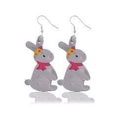 Silver Imitation Leather Rabbit Dangle Earrings, Easter Theme Jewelry for Women, Silver, 70x35mm