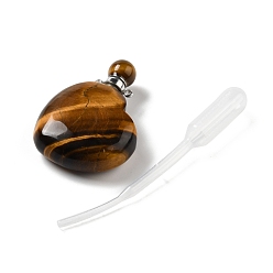 Тигровый глаз Натуральные подвески для флаконов с тигровым глазом, для эфирного масла, духи, с латунными наконечниками и пипетками платинового цвета, сердце, 42x29~32x12~12.5 мм, отверстие : 1.5~1.8 мм