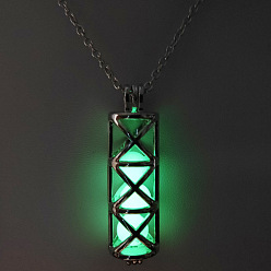 Spring Green Alloy Column Cage Pendant Necklace with Luminous Beads, Glow In The Dark Jewelry for Women Men, Spring Green, 23.62 inch(60cm)