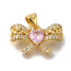 Pink Стойка металлическая латунная микропрофилированная кубическая циркония подвески, долговечный, без кадмия и без свинца, реальный 18 k позолоченный, бантом, розовые, 10x18.5x5 мм, отверстие : 4x3 мм