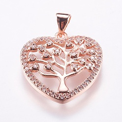 Rose Gold Brass Pendants, with Micro Pave Cubic Zirconia, Heart with Tree of Life, Rose Gold, 21x20.5x3.5mm, Hole: 3.5x4.5mm