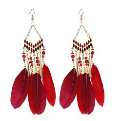 Red E0012-8 Bohemian Feather Tassel Earrings with V-shape Design for Vintage Ethnic Style