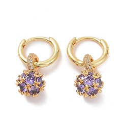 Plum Cubic Zirconia Round Ball Dangle Hoop Earrings, Golden Brass Jewelry for Women, Plum, 25.5mm, Pin: 0.8mm