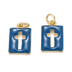 Морской Синий Латунь эмаль прелести, реальный 18 k позолоченный, долговечный, прямоугольник с крестом, Marine Blue, 14.5x9.5x2 мм, отверстие : 3 мм, Перейти кольцо: 5x0.8 мм