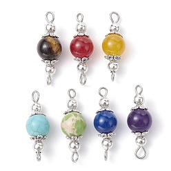 Mixed Stone 7Pcs 7 Colors Mixed Stone Connector Charms, Chakra Round Links with Antique Silver Plated Alloy Flower Findings, Mixed Dyed and Undyed, 24x8mm, Hole: 2mm, about 1pc/color
