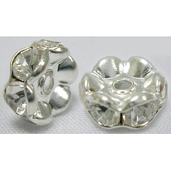 Clear Brass Rhinestone Spacer Beads, Grade A, Rondelle, Silver Color Plated, Clear, Size: about 8mm in diameter, hole:1.5mm