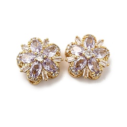 Фиолетовый Многожильные звенья из латуни с паве из кубического циркония, цветок, реальный 18 k позолоченный, фиолетовые, 16x9 мм, отверстие : 1.8 мм