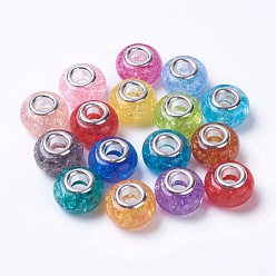 Mixed Color Resin European Beads, with Silver Color Plated Brass Single Core, Rondelle, Mixed Color, 14x9mm, Hole: 5mm